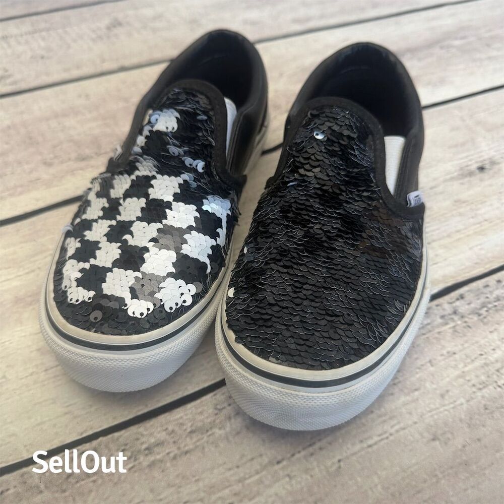 Vans Classic Slip-On Multicolor Checkerboard Reversible Sequin Shoes Size 2